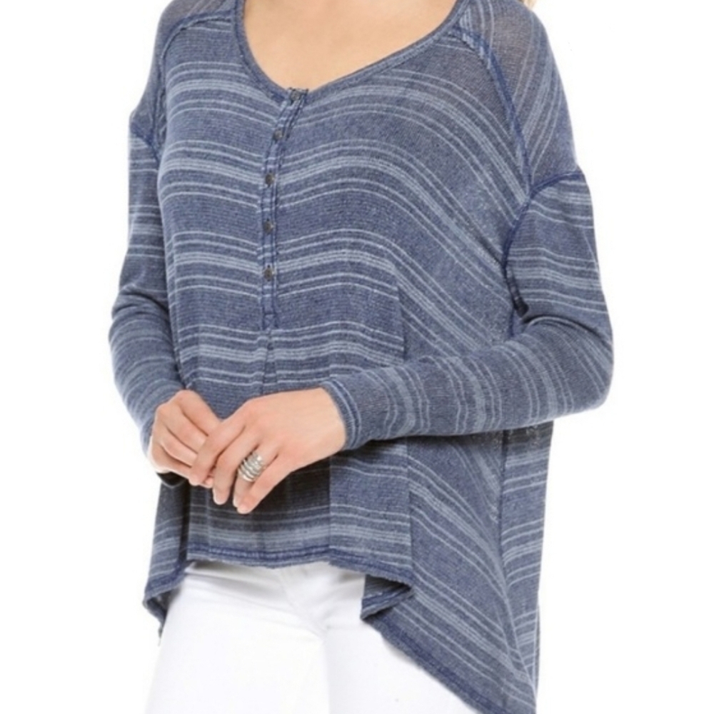 We the Free People Hacci Henley Oversized Heather Blue Longsleeve Tshirt Size S